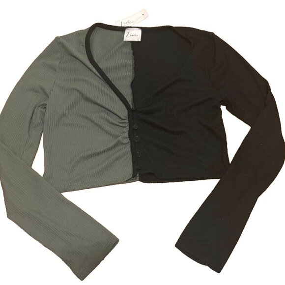 Livi by Olivia Rae Women’s Long Sleeve Button Up Crop Top NWT Olive/Black Size L - Picture 1 of 4